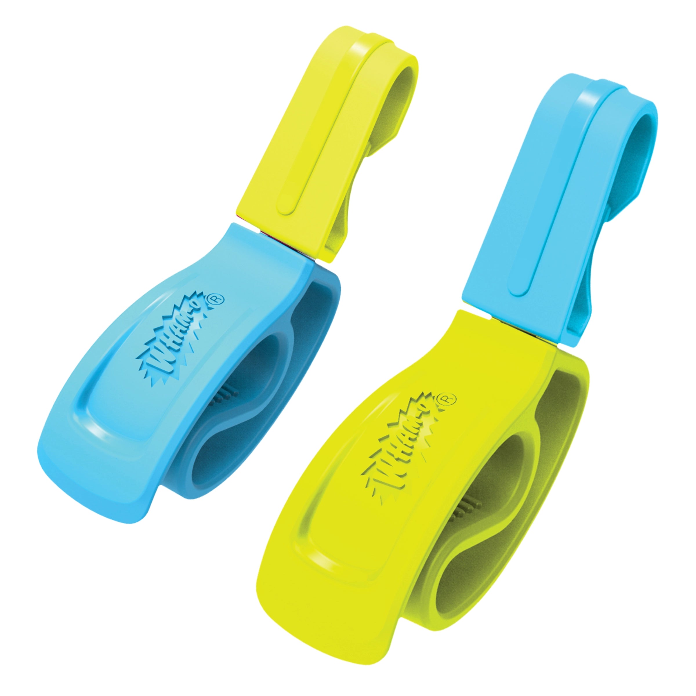 Two plastic ball launchers, one blue and one yellow, for outdoor throwing games