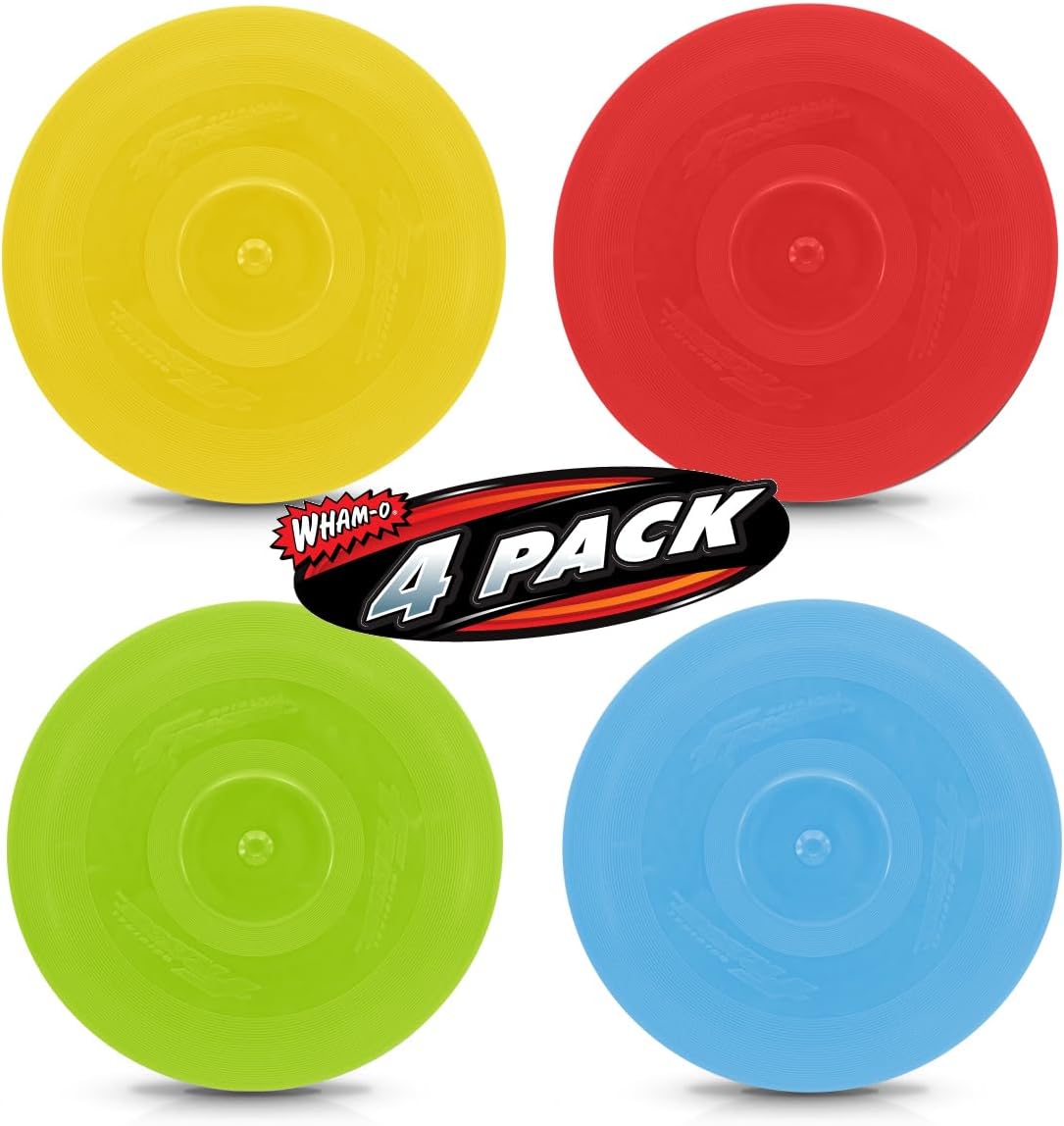 Set of four colorful flying discs in yellow, red, green, and blue with 4 pack label.