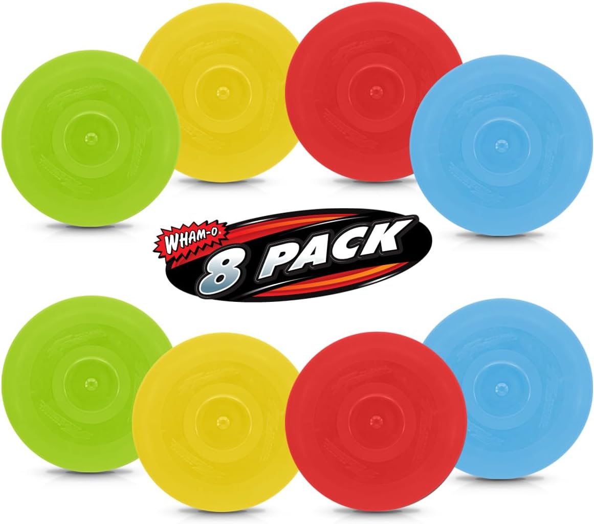 Set of eight colorful flying discs in yellow, red, green, and blue, with 8 pack label