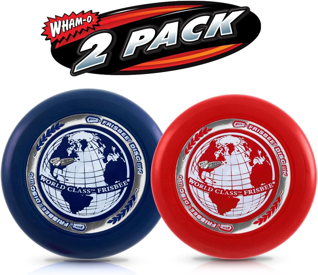 Set of two World Class Frisbee discs, blue and red, with globe graphic design
