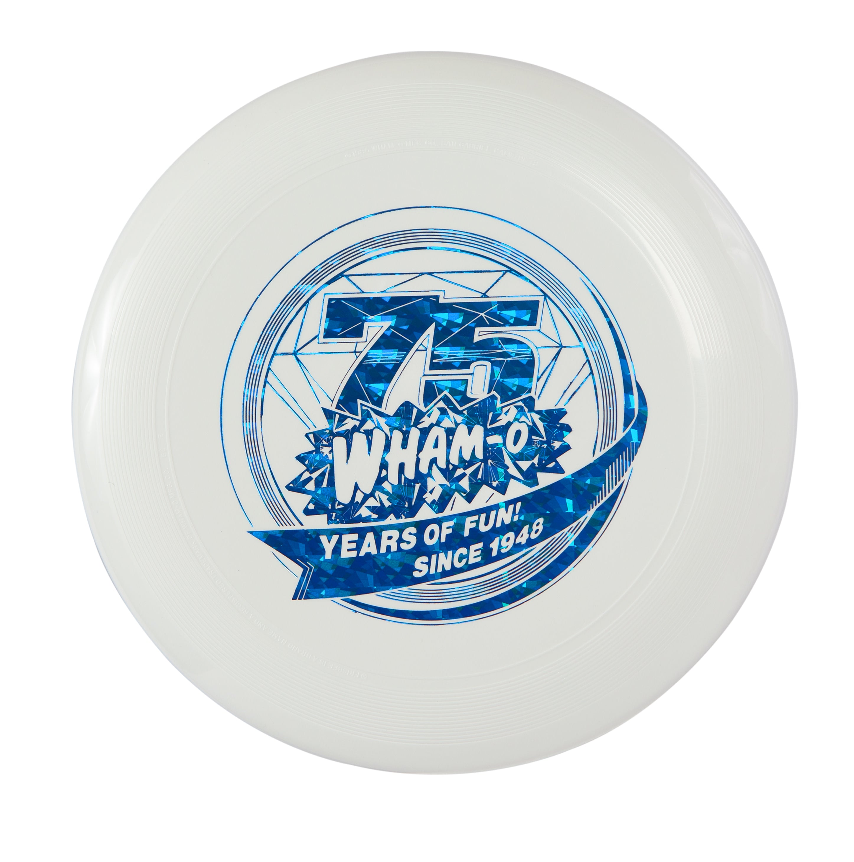 White frisbee with blue 75th anniversary design, Wham-O text, and years of fun slogan