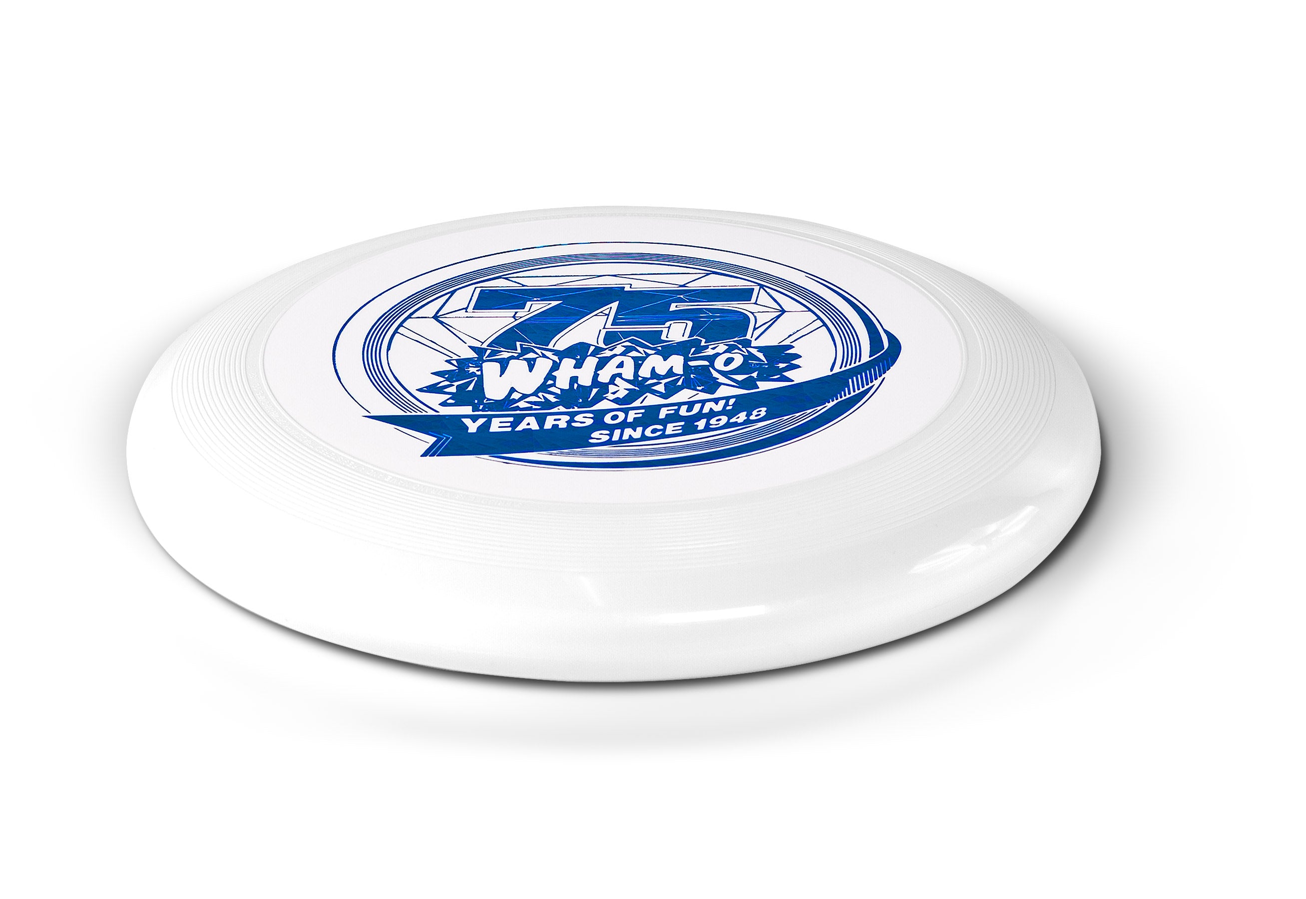 White Frisbee with blue 75th anniversary logo and 'Years of Fun! Since 1948' text