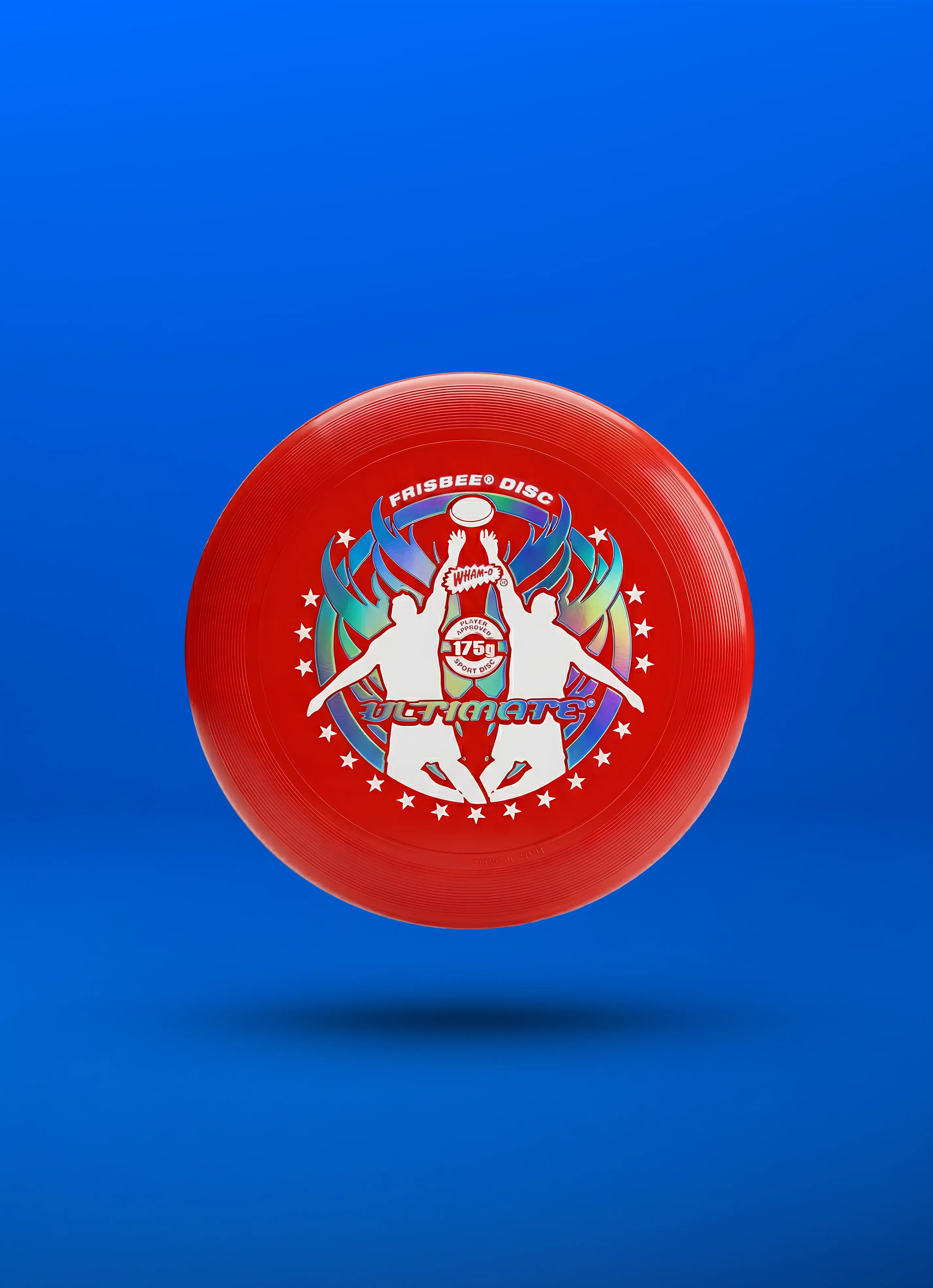 Red ultimate frisbee disc with multicolor player graphic and stars on blue background