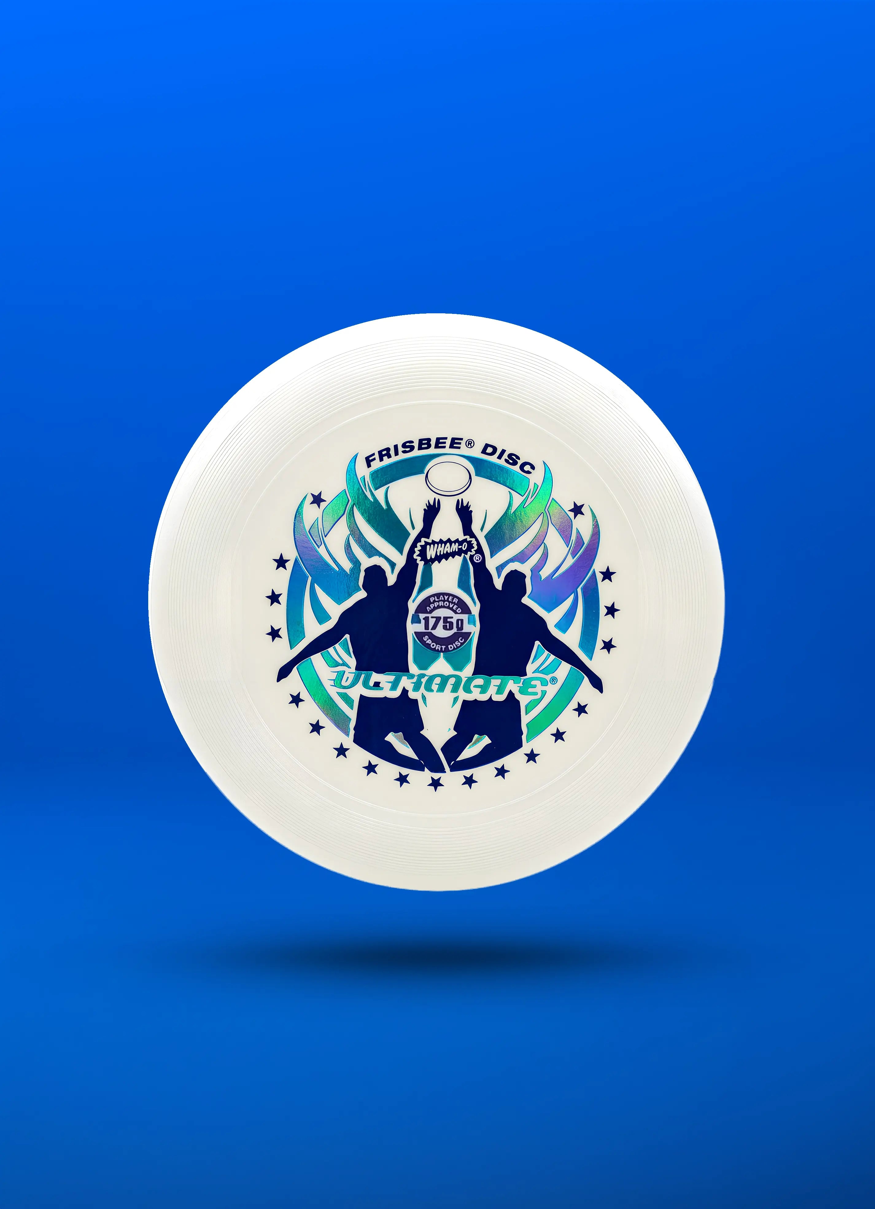 White ultimate Frisbee disc with colorful player silhouettes and stars on blue background