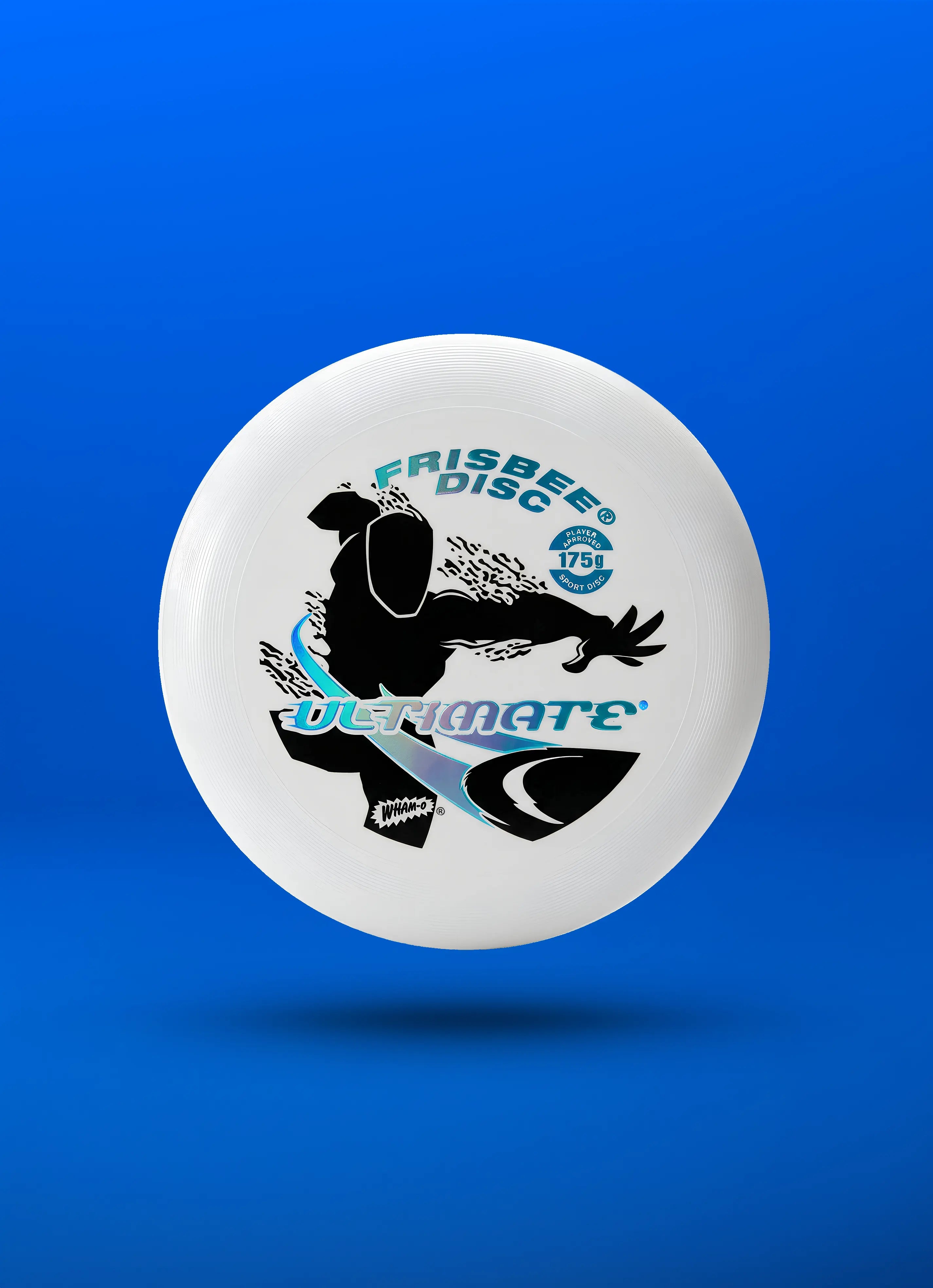 White Ultimate frisbee disc with black athletic player graphic on blue background