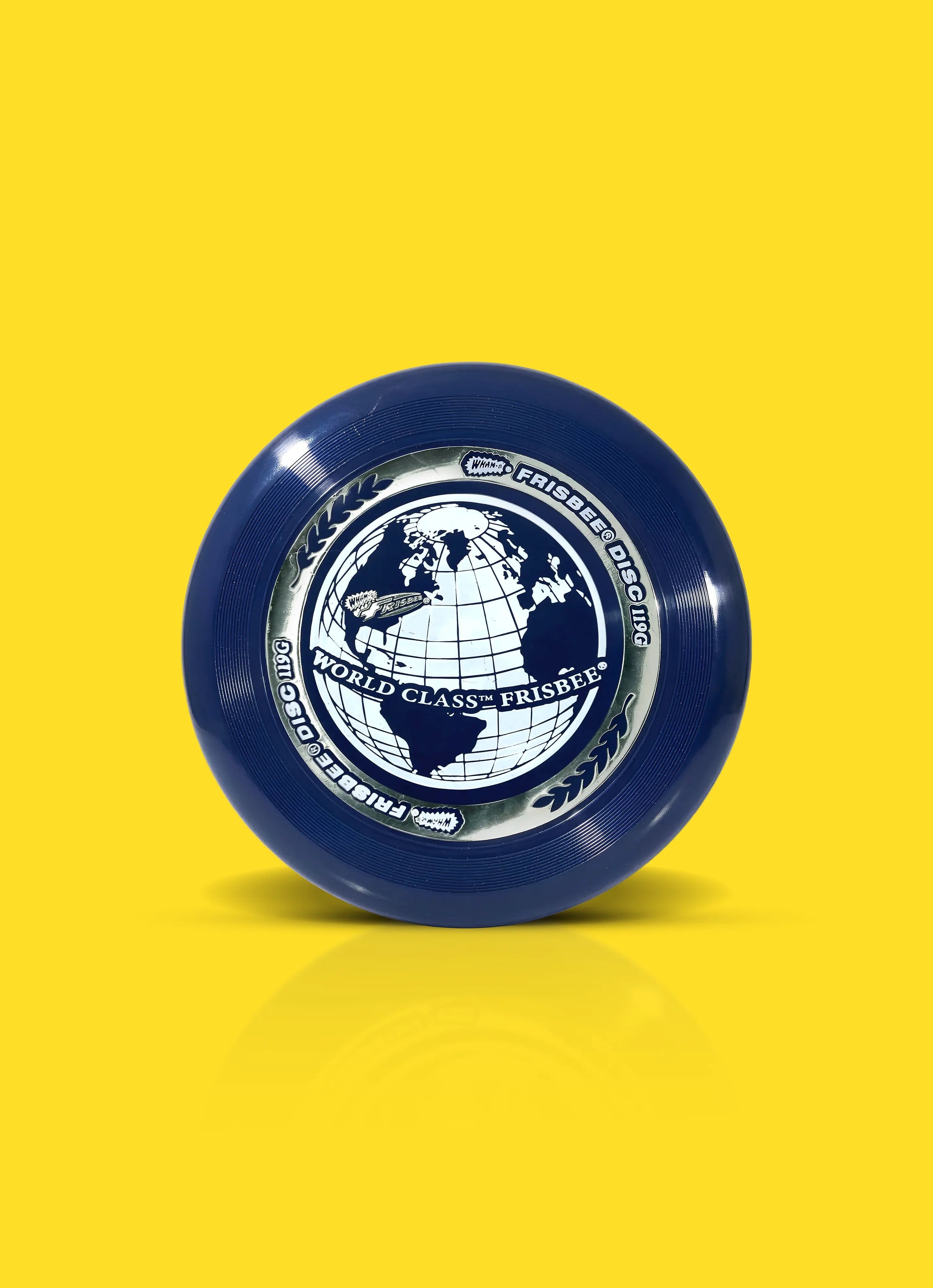 Blue World Class Frisbee disc with globe design on yellow background