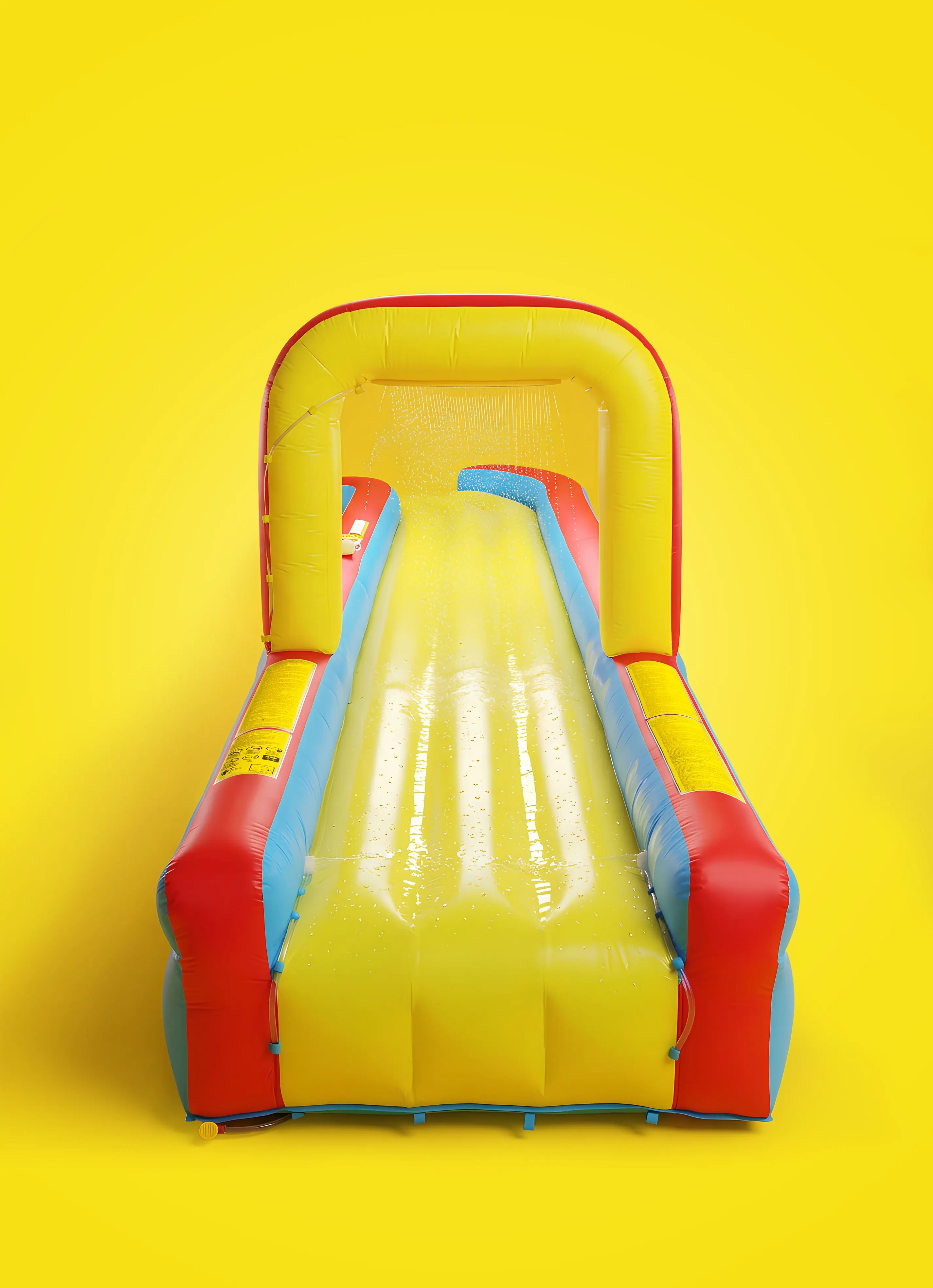 Inflatable 30ft slip and slide water toy with splash tunnel on bright yellow background