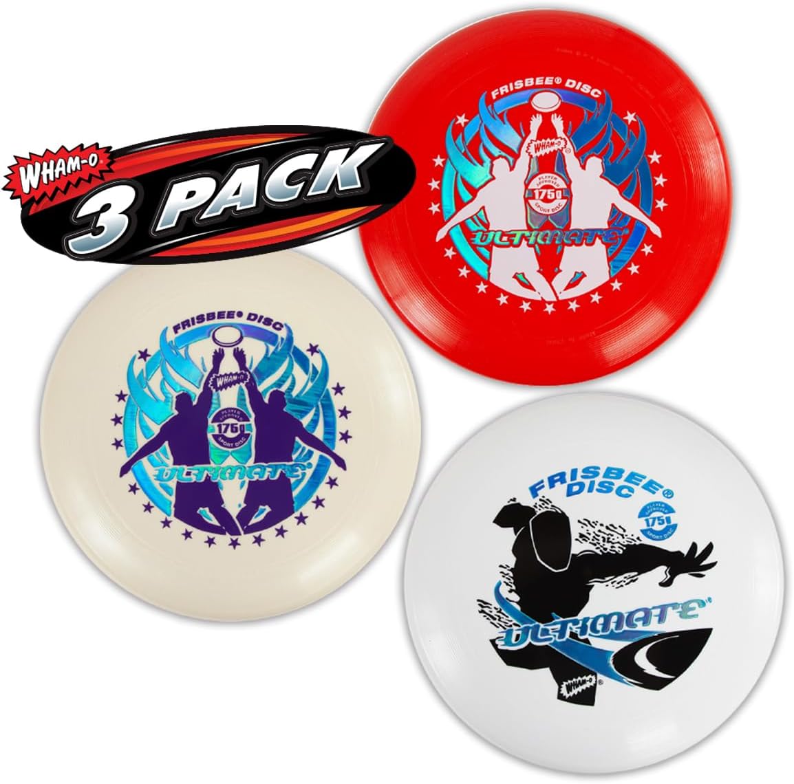 Set of three ultimate Frisbee discs in red and white with player graphics and 175g label.
