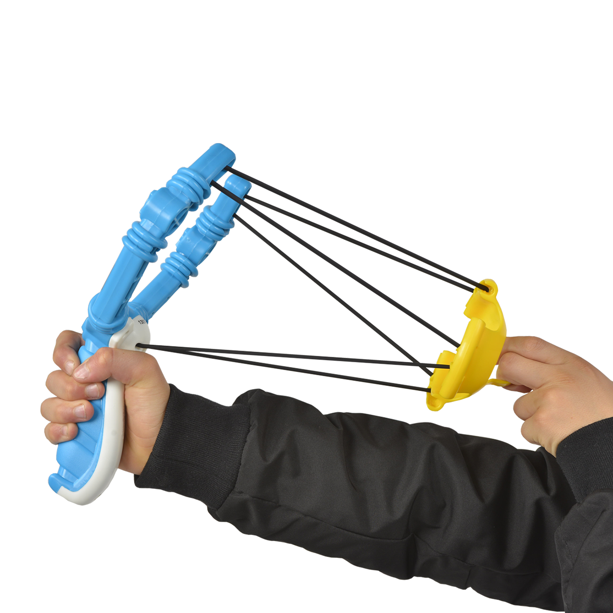 Hand holding blue and yellow Wham-O snowball slingshot toy, ready to launch