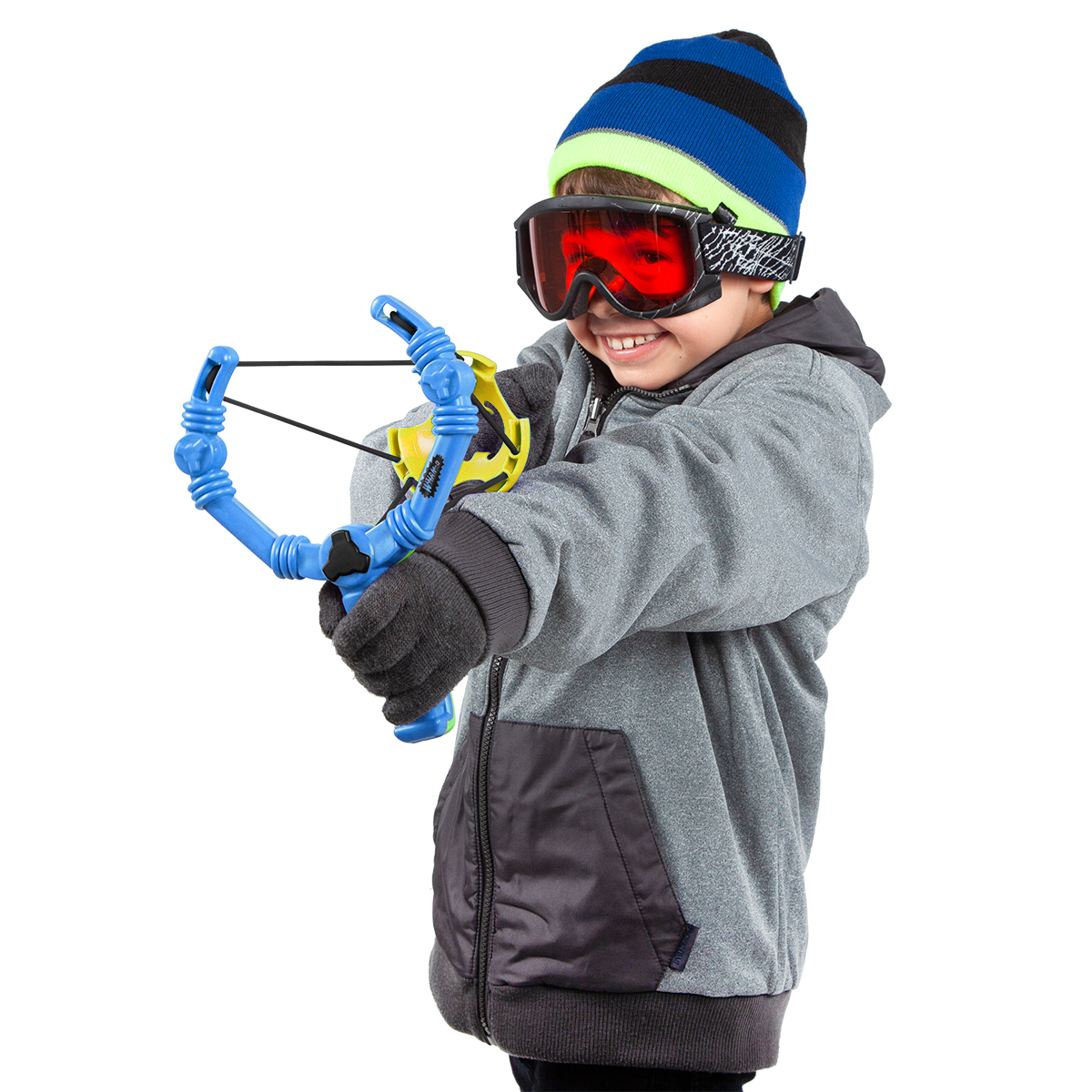 A boy is holding Wham-O Arctic Force Snow Slingshot