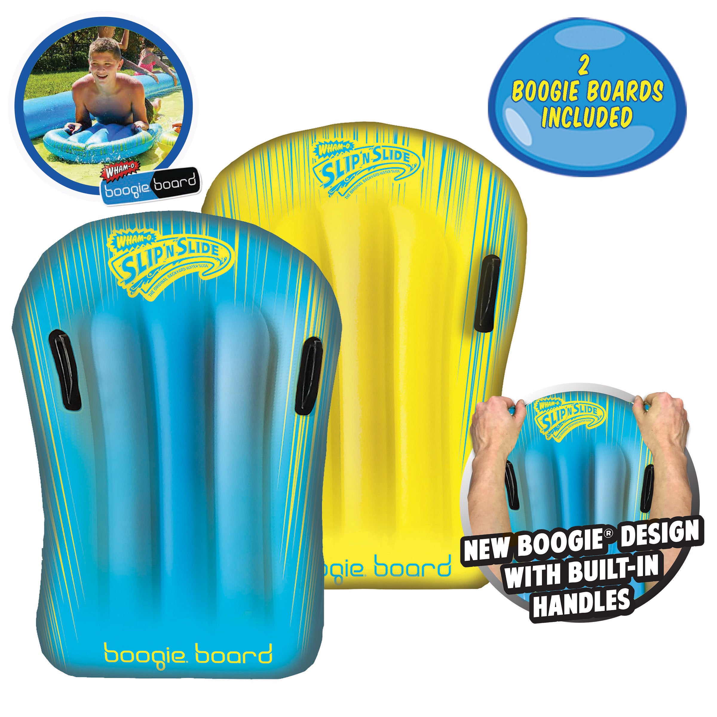 Blue and yellow inflatable boogie boards with built-in handles for Slip 'n Slide water play