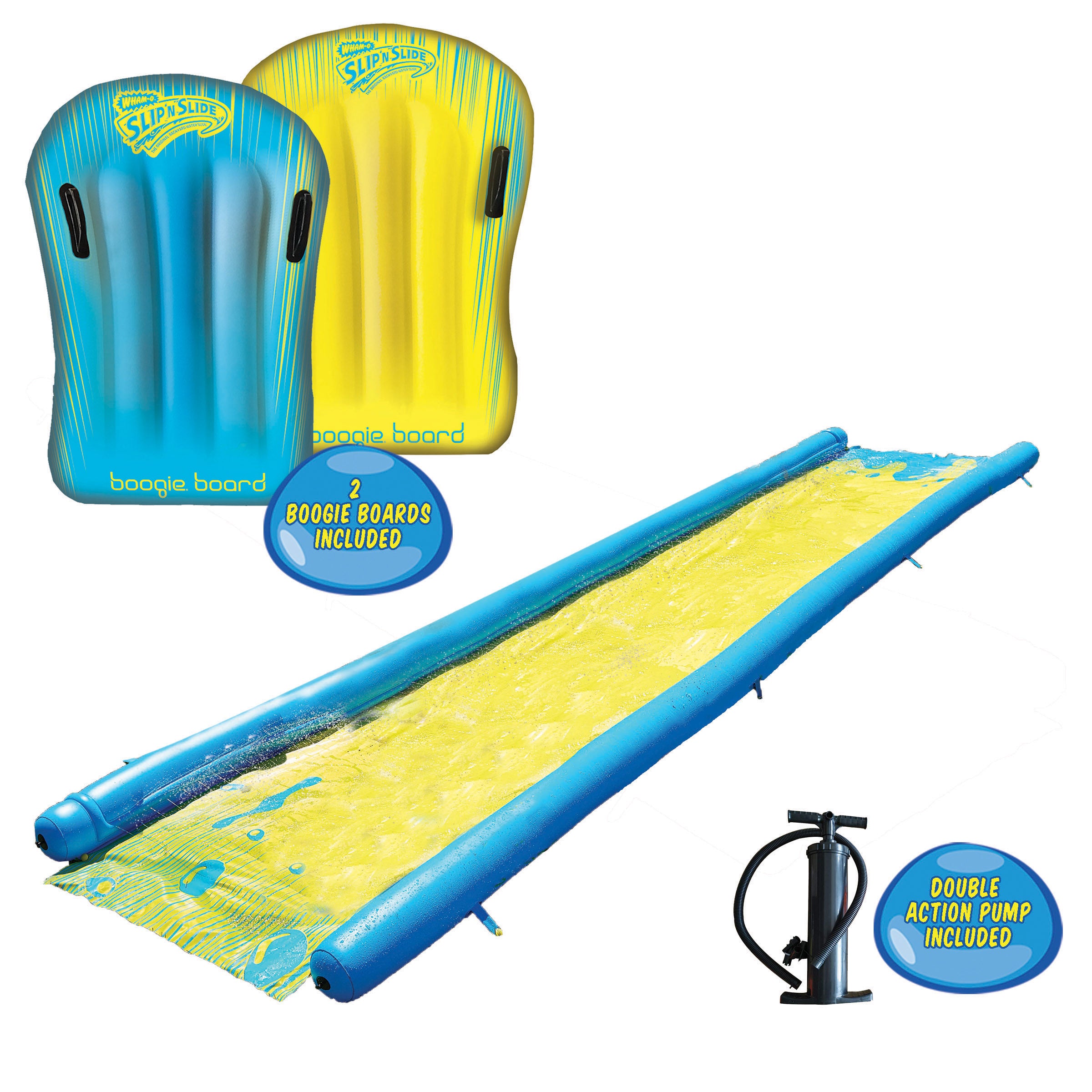Inflatable water slide kit with two boogie boards and a double action pump included