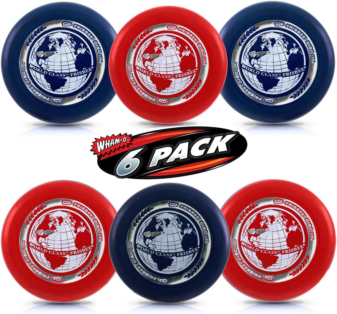 Six pack of World Class Frisbee discs, red and blue, with globe design.
