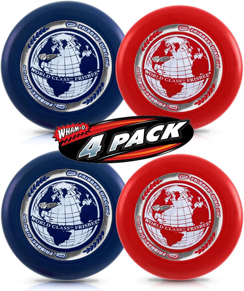 Four pack of World Class Frisbee discs in red and blue with globe design