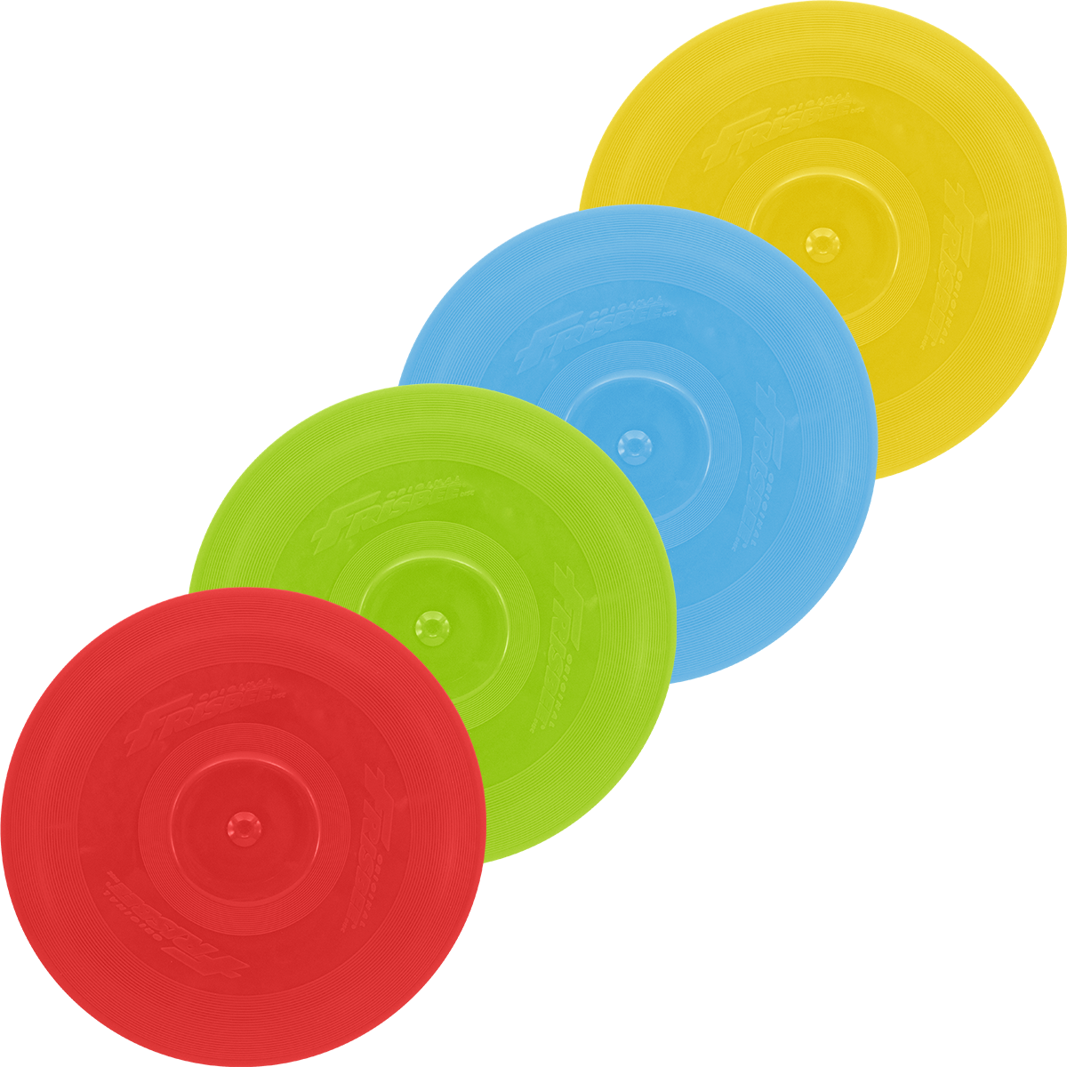 Set of four colorful flying discs, red, green, blue, and yellow, stacked together.