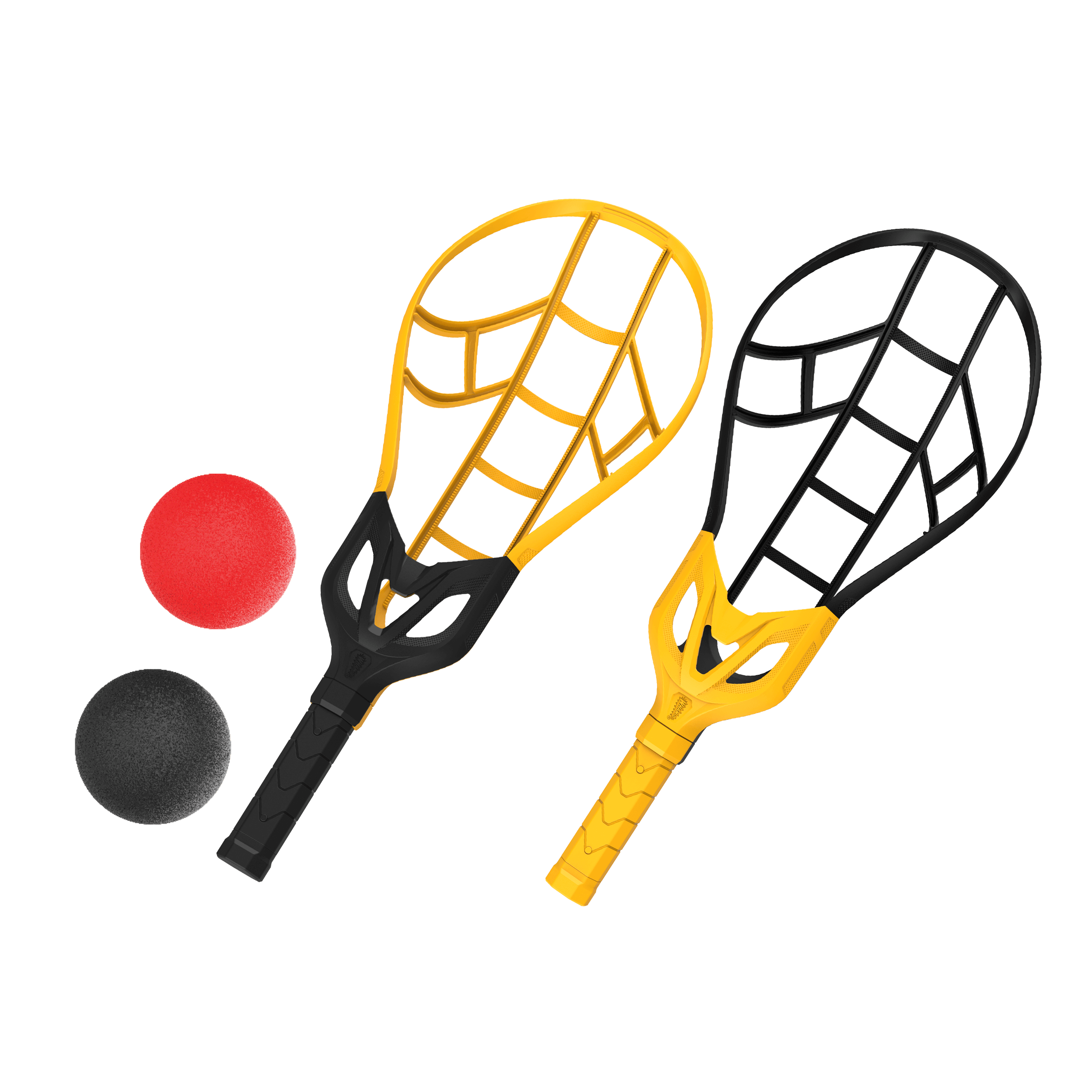 Plastic paddle ball set with two yellow and black rackets, red and black soft balls