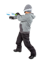 A boy is holding Wham-O Arctic Force Snowball Blaster with back shoot