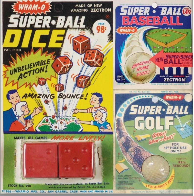 Vintage Wham-O Super Ball game packaging featuring Super Ball Dice, Baseball, and Golf sets.