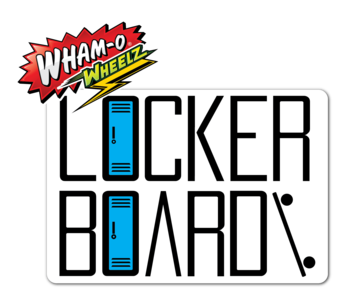 Locker Board logo with blue locker icons and Wham-O Wheelz badge on black background.