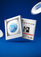 Limited edition white Frisbee in display box with blue 75th anniversary logo on blue background