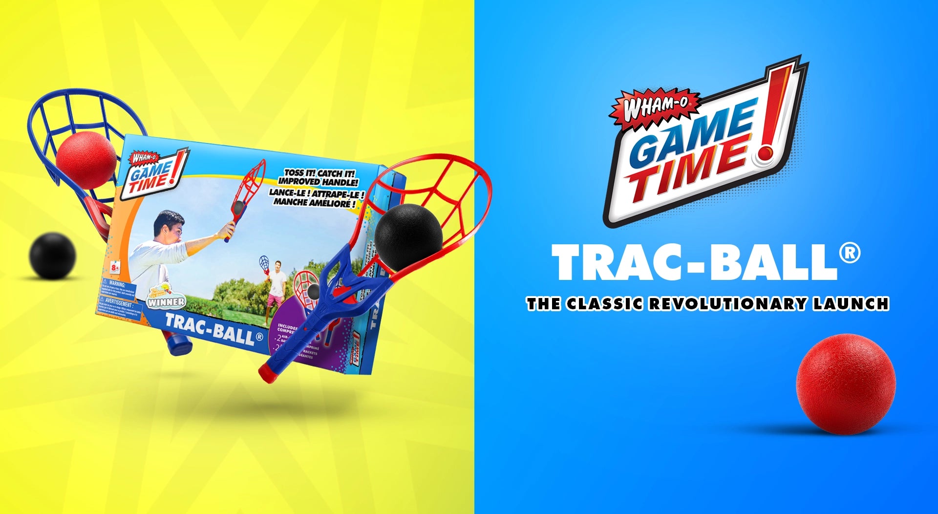 Trac-Ball game set packaging and accessories shown on a split yellow and blue background with the visible brand logo 'Wham-You Game Time!' and product name 'TRAC-BALL'.