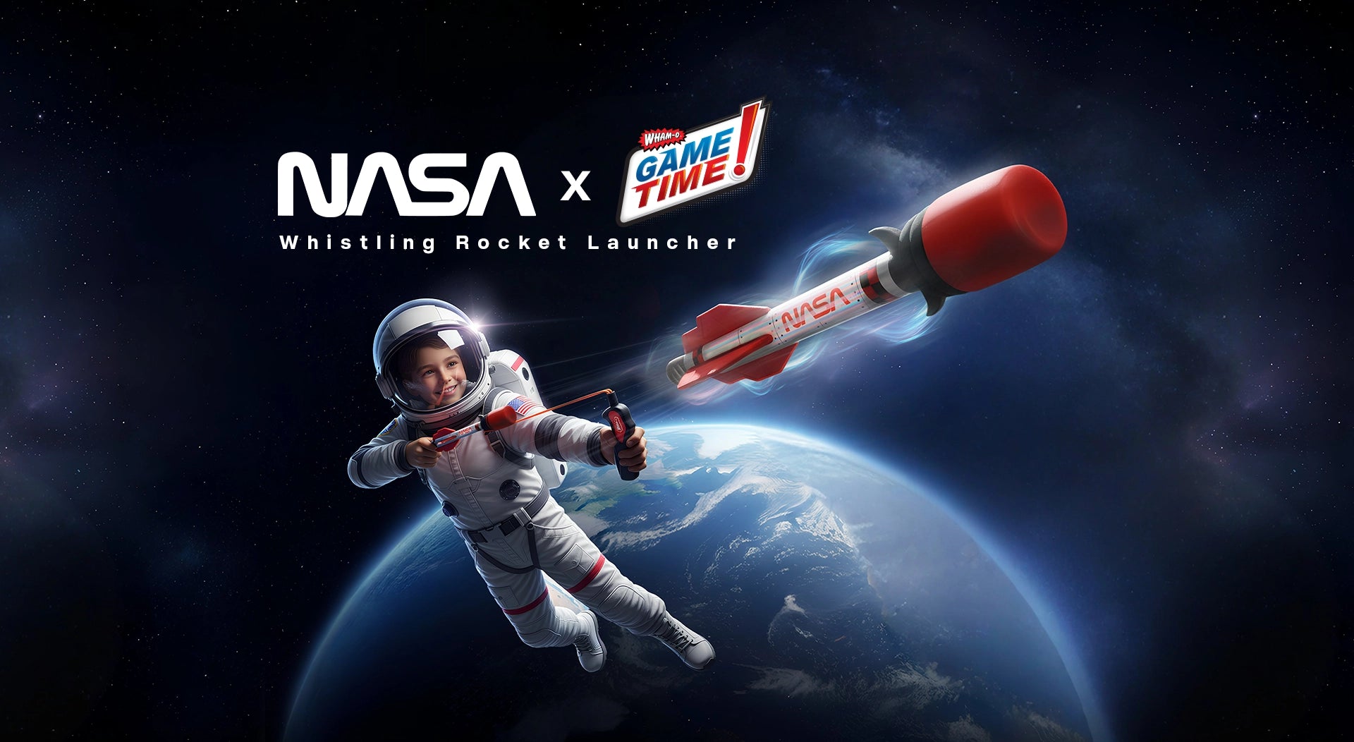 Child astronaut launching NASA whistling rocket toy in space above Earth