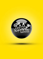 Black Super Ball with white logo floating on yellow background, classic bouncy toy
