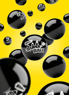 Black Super Balls with white logo floating on a vibrant yellow background