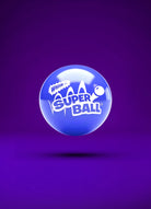 Blue Super Ball with white logo floating on a purple background