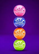 Stack of colorful Super Balls in pink, blue, orange, and green on a purple background.