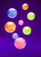 Assorted colorful Super Balls bouncing on a purple background.