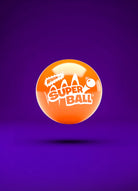 Orange Super Ball toy with white logo, floating on a purple background