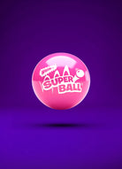 Pink Super Ball with white logo on a purple background, classic high-bounce toy
