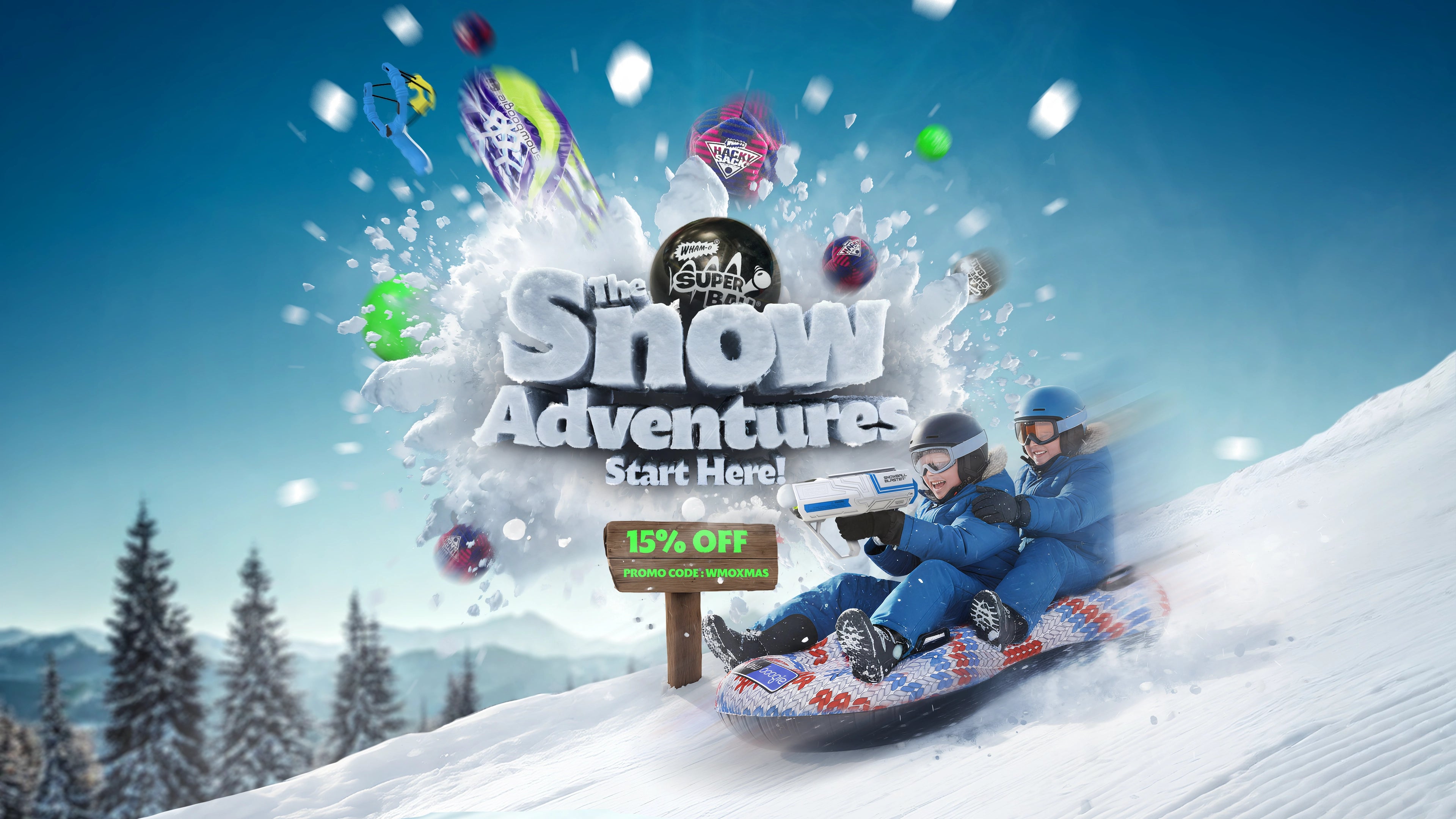 Two people snow tubing down a hill with promotional text for 'The Show Adventures' and a discount sign.