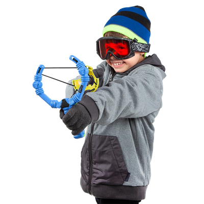 A boy is holding Wham-O Arctic Force Snow Slingshot