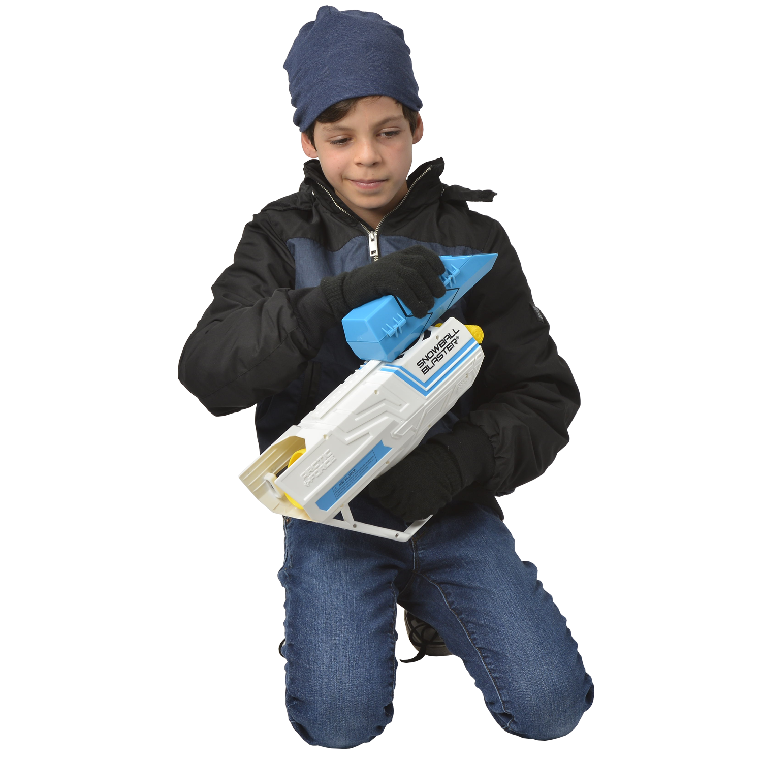 A boy is holding Wham-O Arctic Force Snowball Blaster