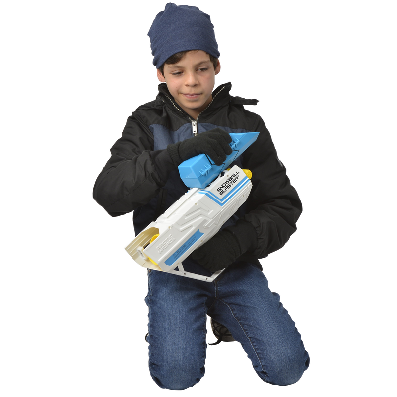 A boy is holding Wham-O Arctic Force Snowball Blaster