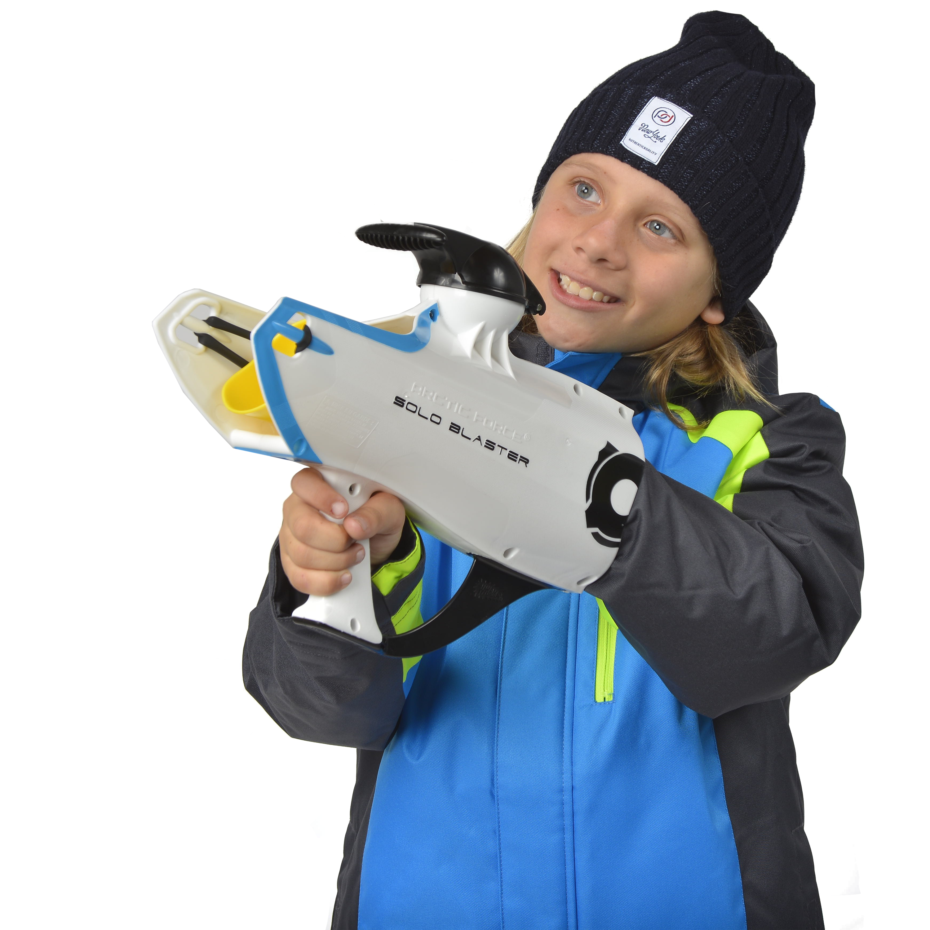 A boy is holding Wham-O Arctic Force Snow Blaster Solo