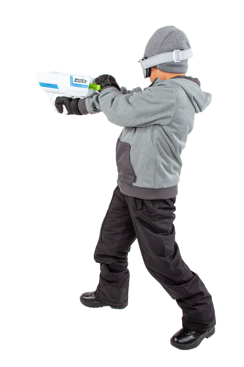 A boy is holding Wham-O Arctic Force Snowball Blaster with back shoot